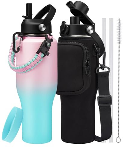 RRYFOUR Botellas de agua de acero inoxidable de 40 onzas, vasos aislados a prueba de fugas con popote que mantienen el frío 48 horas y el calor 24 horas, taza de café de metal al vacío, botella de