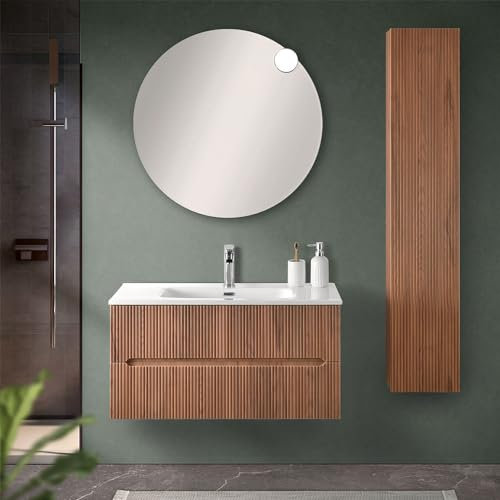 Inbagno Mobile Bagno sospeso cannettato 90 cm Noce Canaletto con 2 cassetti Soft-Close, lavabo in Ceramica e Specchio Tondo a Filo 80 cm, Bali