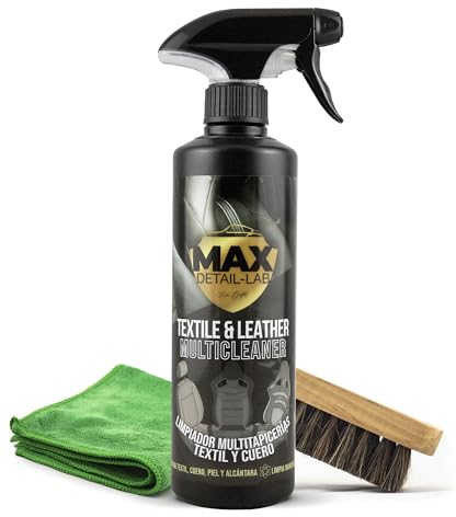 MAX DETAIL-LAB - Textile & Leather - Nettoyant Cuir Voiture, Entretien Intérieur Tissu Alcantara Moquette Siege, Efface les Taches Difficiles, Kit Nettoyage Detailing Professionnel Accessoires 500ml