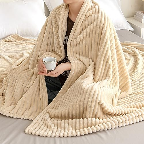EMEMA Kuscheldecke Fleecedecke Flanell Decke Einfarbig Wohndecken Couchdecke Flauschig Überwurf Mikrofaser Tagesdecke Sofadecke Blanket Für Bett Sofa Schlafzimmer 220x240 cm Beige
