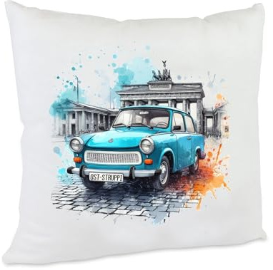 Kilala Personalisierbares DDR Trabi Kissen 40x40 cm – Flauschiges Deko-Kissen mit Trabant-Motiv in Berlin, Waschbar, Trabi Fans (mit Namen)