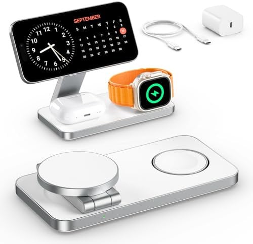 EXW Station de Charge for iPhone 16 15 14 13 12 Pro/Max/Plus, Apple Watch 9 8 SE 7 6 5 4 3 2, Airpods 2/3/Pro,Station de Charge Chargeur Mag-Safe,Chargeur sans Fil Rapide (Blanc)