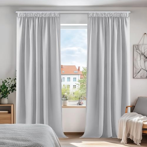 Deconovo Vorhang Gardinen mit Kräuselband Verdunkelungsgardinen Schlafzimmer Vorhänge Kälteschutz Thermogardine, 180x140 cm(HöhexBreite), Weiß Grau, 2er Set