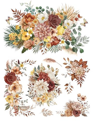 Joeyan Möbel Aufkleber, Boho Blumensträuße Rub On Sticker Transfers für Kunsthandwerk, 2 Große 42x30cm, DIY Home Decal auf Holz Glas Metall Leinwand Porzellan Papier Kunststoff, Champagner Saison