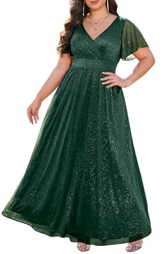 Talisea Geschäftskleidung in Übergröße – V-Ausschnitt, Flatterärmel, Glitzer, für Abschlussball, als Abendkleid oder für Hochzeit, Chiffon-Material, langes Maxikleid