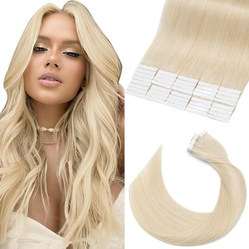 Elailite Tape in Hair Extensions Real Human Hair 40 Pcs #60 Platinum Blonde Remy Hair Straight Invisible Skin Weft Hair Extensions 18 Inch 100g