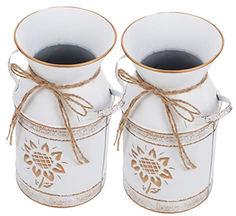 HOLIDYOYO 2pcs Vintage Milk Pot Flowerpot for Sunflower Arrangement Rustic Iron Vase for Home Garden Decor White Gold Trim
