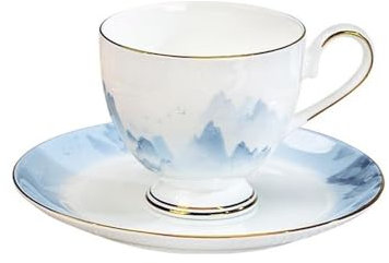 Service à thé en porcelaine anglaise avec bords dorés dessinés à la main - Peinture à l'encre chinoise de qualité supérieure - Tasses et soucoupes