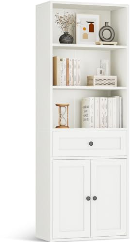 Coleshome Bücherregal mit Türen und Schrank Regal mit 5 Ebenen, Stehendes Etagenregal mit Schubladen zur Aufbewahrung und Präsentation für Zuhause, Büro, Wohnzimmer, Schlafzimmer, Weiß, 48x24x164.2