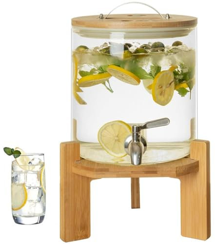 KhUkhu Distributeur De Boissons en Verre, Récipient De Distribution De Boissons avec Robinet Et Support en Acier Inoxydable, Distributeur De Jus en Verre Anti-Fuite avec Couvercle, pour Cocktails,10L