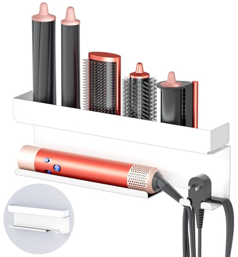 YYBO Hair Dryer Holder Wall Mount for Curling Irons Styler Attachments, Adhesive Hair Dryer And Straightener Holder, Hairdryer Holder Wall Mounted, Hair Tool Organiser Stand for Bathroom (White)