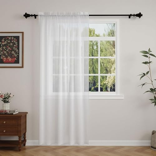 SUNLIMEI Rideau Voilage 90 x 200 cm avec Manchon de Tige, Demi Transparent, Élégants Rideau de Fenêtre à Œillets Décoration de Maison pour Fenetre Chambre Adulte Salon, Blanc