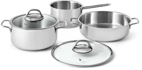 Inoxpran, Batteria 5 Pezzi Inoxplus in Acciaio Inox 18/10, Triplo Fondo per Tutti i Piani Cottura Inclusa Induzione, con Coperchi in Vetro – Elegante e Resistente