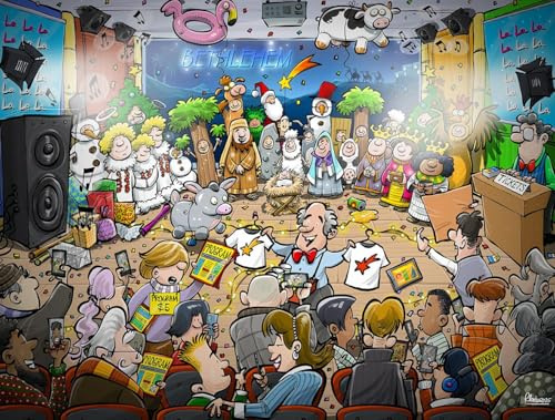 Djigsaw Vu Set – 2 x 1000‑Piece Jigsaw Puzzles Featuring Nativity, Classroom Time‑Travel & Christmas Market by Ricardo Galvao | Modern & Vintage Cartoon‑Style Jigsaws for Adults (At the Nativity)