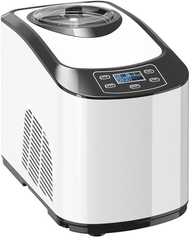 HOMCOM Gelatiera 1.5L con Compressore Integrato, 140W, Macchina per Gelato con Modalità Morbida e Dura, Funzione Auto-Mantenimento al Freddo, con Misurino, Paletta e Cucchiaio, Bianca