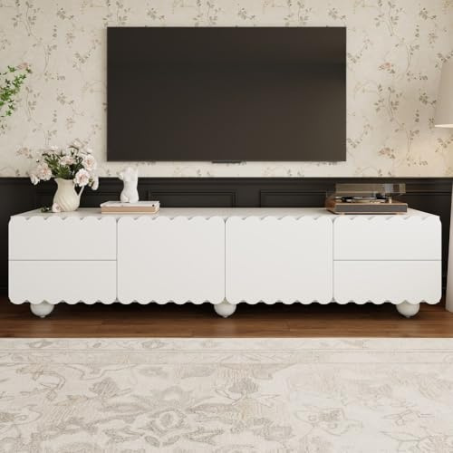 RAPRAP Meuble TV blanc moderne, meuble TV bas avec compartiments et tiroirs, table TV de 175 x 38 x 37 cm pour salon et chambre