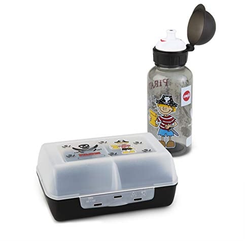 Emsa Kids Set mit Piraten-Motiv, Trinkflasche + Brotdose, 400 ml auslaufsichere Flasche, Dose mit verschiebbarer Trennwand, Schwarz, 518136