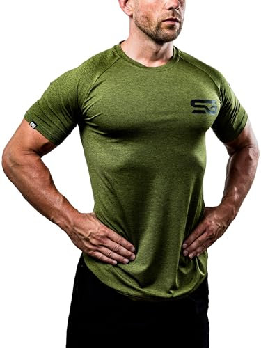 Satire Gym - Camiseta de fitness para hombre – Ropa deportiva funcional – Adecuado para entrenamiento – Corte ajustado, Melange verde oliva, S