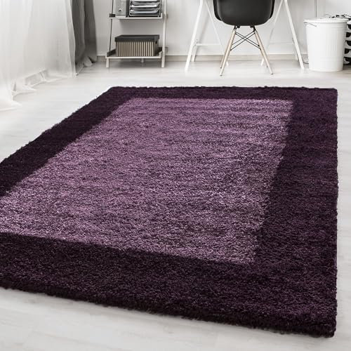 Carpetsale24 Hochflor Teppich Shaggy mit Bordüre 100x200 cm Violett, 2-farbig, flauschig & weich, modernes Design, rechteckig, ideal für Schlafzimmer oder Flur