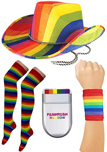 labreeze Adults Rainbow Cowboy Hat Fan Brush Socks Wristband Gay Pride Party Costume