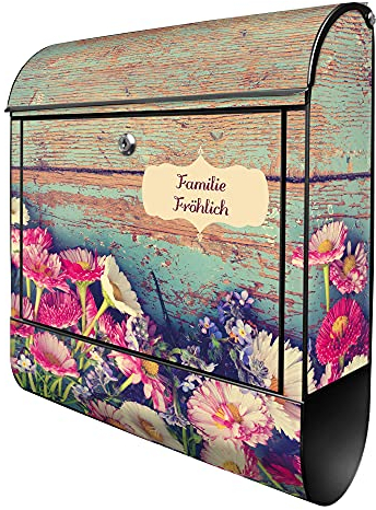 banjado® Design Briefkasten personalisiert Blumenpfücken 38,5x46,5x13cm & 2 Schlüssel - Briefkasten Stahl schwarz Zeitungsfach pulverbeschichtet - Postkasten A4 Einwurf inkl. Montagematerial