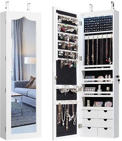COSTWAY Espejo Joyero de Pared, Armario Joyero con Espejo de Cuerpo Entero, Iluminación LED, Armario para Joyas de Puerta con 6 Cajones, Cerradura, Gran Espacio de Almacenamiento