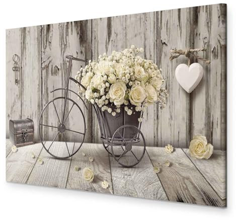 murando - Tableau décoratif 90x60 cm - Impression sur toile colorée - Décoration murale pour salon et chambre - Marron vert blanc - Bouquet bois fleurs vélo cœurs ancien n-C-0291-b-a