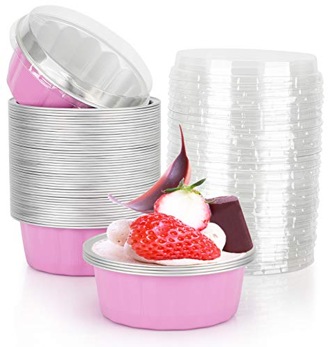 Beasea Lot de 50 ramequins jetables avec couvercles roses en aluminium pour crème brûlée, muffins, cupcakes, pudding pour fête, mariage, anniversaire