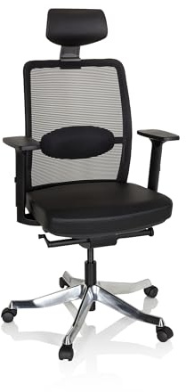 hjh OFFICE 640520 Profi Bürostuhl Senator PRO Leder/Netz Schwarz Bürosessel Drehstuhl mit Lordosen- und Kopfstütze