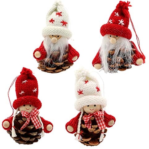 Dekohelden24 Strick-/ Holz Püppchen/Santa als Baumbehang/Anhänger im 4er Set, Größe je Figur ca. 7,5 x 7,5 x 10 cm.