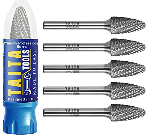 Carbide Burr 1/4 Shank, SF-5 Tungsten Double Cut Rotary Die Grinder Bits - Cutting Burrs for Milwaukee, Dewalt and Makita Die Grinder Accessories - Wood Carving Metal Working & Sturdy Storage Case