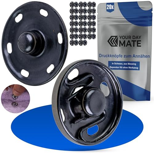 Druckknöpfe zum Annähen, Ø 11 mm aussen, 20 Paare, in Silber-Schwarz, aus Messing, Druckknopf für Bekleidung, Bastelarbeiten, DIY Reparatur Knöpfe Nähzubehör, Druck Knopf Nähen, Ersatz Metallknöpfe
