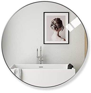 Amazing Tour Round Bathroom Mirror,50cm Circle Mirror Brushed Frame Wall Mirror Metal Framed HD Glass Wall for Makeup Bathroom Living Room Entryway Silver