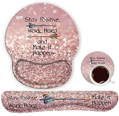 Ergonomisches Mauspad mit Handgelenkstütze aus Gel und Tastatur, Handgelenkauflage, Set für Laptop, Gaming und Büro, Bleiben Sie positives Arbeiten hart und machen Sie es passiert, rosa Glitzer