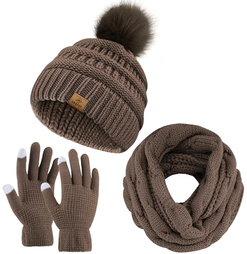 URATOT Warmes Strickset für den Winter, Beanie mit Bommel, Mütze, Schals, Wintergesichtsschutz, Touchscreen-Handschuhe, Schal-Set für Herren und Damen, Khaki, Medium