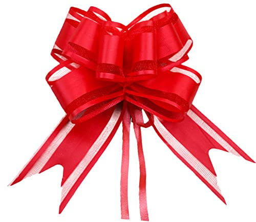 Dishaur 30pcs Large Organza Christmas Pull Bows for Gift Wrapping, Red | 50mm Pulled Bow Ribbons Gift Bows for Present Wedding Car Gift Baskets Birthday Baby Shower Valentine's Day