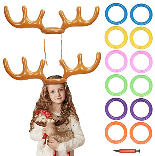 HONMOK 2 Stück Aufblasbares Ringwurfspiel Rentier Geweih Wurfspiel Weihnachten Kinder Ringwurfspiel Xmas Party Kinderspiel für Weihnachtsfeier Familienfeier Geburtstag Körperliche Bewegung