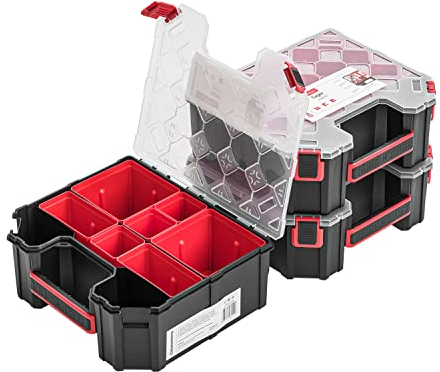 3x Modulierter Sortimentskasten Kleinteilemagazin – 243 x 284 x 105 mm - Sortierkasten mit Transparent Deckel Sortierkoffer Werkzeugbox Sortimentskoffer Kasten mit herausnehmbaren Fächern