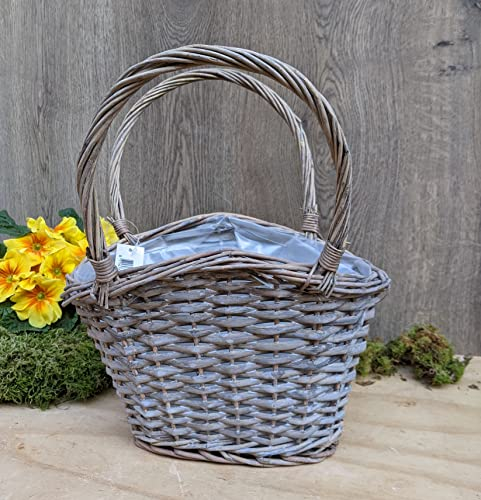 Pflanzkorb ca. 35 cm hoch mit Henkel Durchmesser Rattan beige-grau, leicht gekalkt. kein Kunststoff !! Blumen Pflanzgefäß Korb Landhaus Vintage Deko Sommer Garten Balkon Terrasse Ostern Weihnachten
