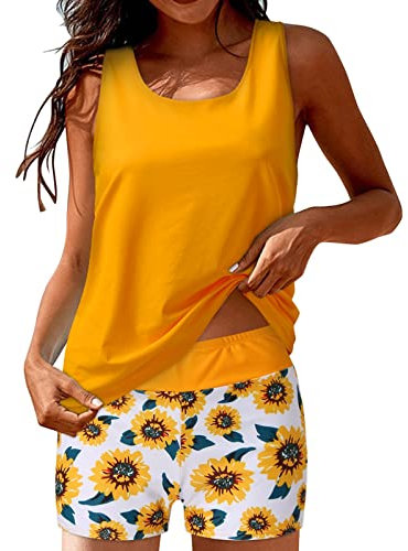 Tankini-Badeanzüge für Frauen, 3-teilig, Badeanzug, Tanktop mit Jungen-Shorts und BH-Badebekleidung Herren Shirt Ohne Arm (Yellow, S)