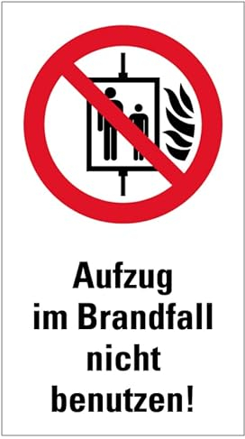 Aufkleber Brandschutzzeichen + Text „Aufzug im Brandfall nicht benutzen“ Symbol Folie ISO 7010 (P020) | 14 x 25 cm Made in Germany
