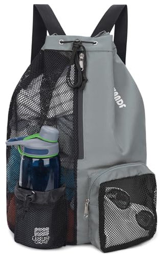 WANDF Swim Bag Mesh Drawstring Backpack with Wet Pocket for Swimming, Gym, and Workout Gear (Grey)