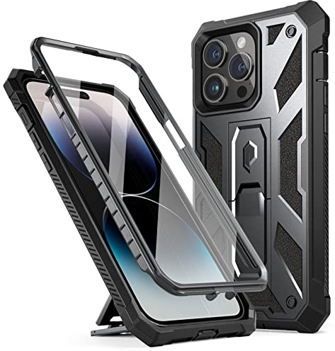 Poetic Compatible with iPhone 14 Pro Max Case, Spartan Phone Case for iPhone 14 Pro Max, Full Body Leather Texture Shockproof Protective Cover with Screen Protector and Kickstand, Metallic Gun Metal