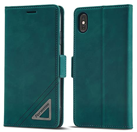 LOLFZ Case for iPhone XS Max, Vintage Flip Folio Leather Wallet Case Card Slots Kickstand Magnetic Closure Shockproof Protective Cover for iPhone XS Max - Blue Green