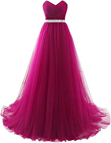Vestito da cerimonia nuziale lungo di Tulle Abito convenzionale pieghettato con la cinghia di perline del Rhinestone per le, Fucsia, 46