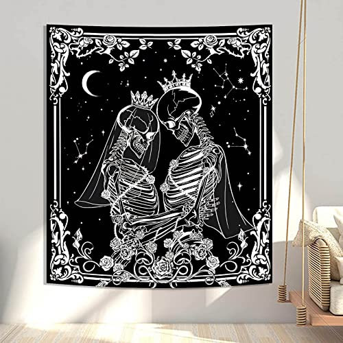 Atrippy Totenkopf-Wandteppich, Wandbehang, schwarz-weißer Wandteppich, die küssenden Liebhaber, Skelett-Wandteppich für Schlafzimmer, ästhetisch, Gothic, Mond, Wohnzimmer, Party (129.5x152.4 cm)