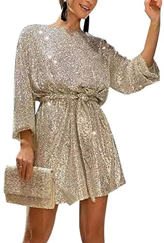 Women Long Sleeve Sequins Glitter Dress Party Sparkle Loose Fit Shift Mini Short Dress with Belt (Golden, L)