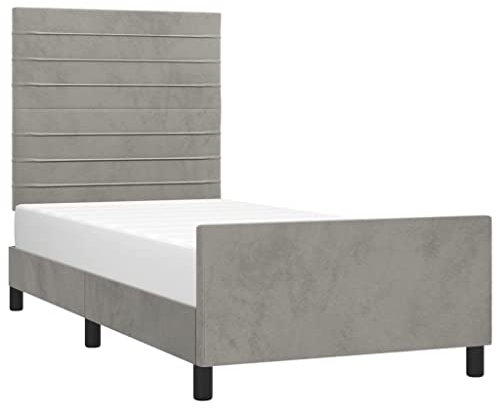 vidaXL Bettgestell mit Kopfteil, Bett Polsterbett mit Stützbeinen, Schlafzimmerbett Einzelbett mit Lattenrost, Bettrahmen, Hellgrau 90x190cm Samt