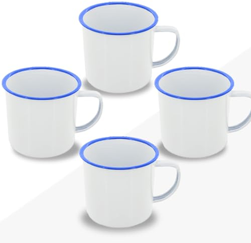 FUN FAN LINE - Retro oder Vintage Emaille Metall Frühstückstasse Set ideal für Kaffee oder Tee (weiß mit blau, 4 Tassen)