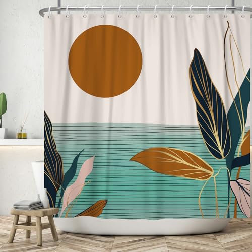 ASDCXZ Boho Duschvorhang 180x200 cm, Moderne Abstrakt Kunst Braun Sonne Blau Gold Blätter Grey Waschbar Bad Duschvorhänge Polyester Textil Wasserdicht Duschvorhang für Badewanne mit 12 Haken